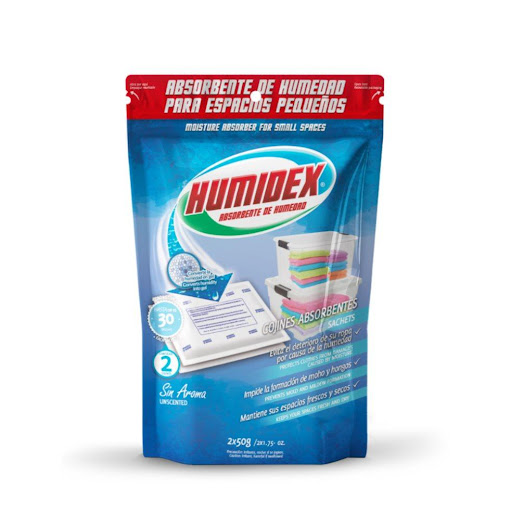 Humidex - Cojines Absorbentes Sin Aroma HUMIDEX Doy pack x 2 und El producto incluye dos (02) unidades de 50 gramos sin aroma. Contenido total: 100 gramos. Nueva presentación, ahora en empaque Doy Pack.

Este producto también está disponible con aroma vainilla, lim