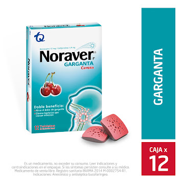 Noraver Garganta Cereza Benzocaina + Cetilpiridinio 10mg/1.4mg Tecnoquímicas Caja x 12 Tabletas  