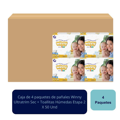 Pañales Ultratrim Sec + Toallitas Húmedas Etapa 2 X 50 Und Winny  Caja x 4 Megapack de higiene que combina absorción y limpieza. Mantén a tu bebé seco y fresco por más tiempo con Winny.