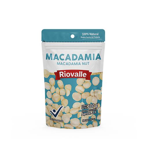 Frutos Secos Nuez de Macadamia Natural Riovalle Megamarket Bolsas Doypack x 1 Frutos Secos Nuez de Macadamia Natural RIOVALLE X 100 Gr, nueces seleccionadas, crocantes y sin aditivos. Snack premium, fuente natural de energía y grasas saludables. Ideal para consumir solo o en re