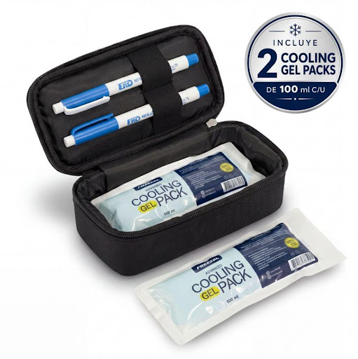Estuche Térmico para Insulina Freezel con 2 Gel Packs Refrigerantes FREEZEL Estuche x 1 Porta Insulina Freezel de 20 x 9 x 9 cm. Incluye 2 Cooling Gel Packs reutilizables. Capacidad para 4 lapiceros de insulina. Ideal para viajes, trabajo y uso diario.