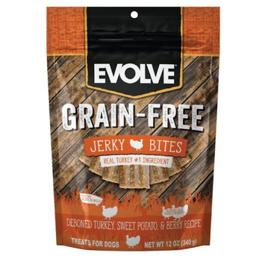 SNACK EVOLVE C GRAIN FREE JERKY PAVO 340 GR EVOLVE  x 1 Snack premium sin granos para perros, elaborado con auténtico pavo como fuente principal de proteína. Horneado a fuego lento para conservar su delicioso sabor y textura. Ideal como premio saludable pa