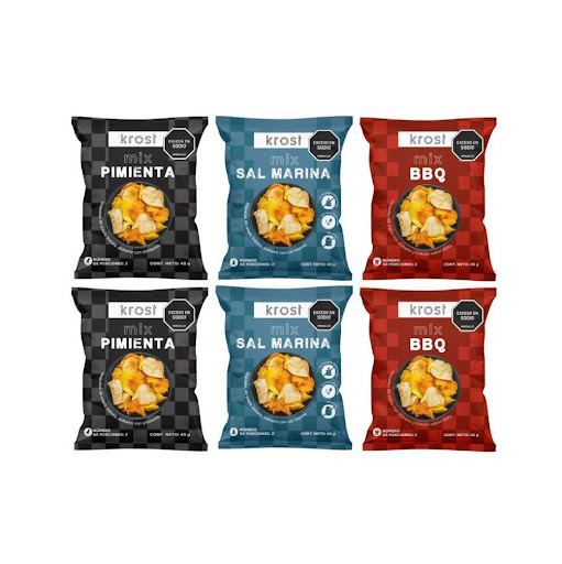 Pasabocas KROST MIX SURTIDO papa, batata y plátano Paquete X 45 Gr KROST 45 gramos x 6 uds KROST MIX es una mezcla de papa, batata y plátano. Naturalmente libre de gluten, alto en fibra y apto para veganos y vegetarianos. Acompaña tus sandwiches, ensaladas, sopas y lo que te imagines.  Una 
