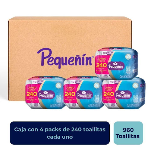Toallitas Húmedas Pequeñin Acolchamax Jumbo Pack 240 und. Pequeñin Caja x 4 Extraacolchado. Jumbo pack, x 3 empaques 100,100 y 40 unds, extra-acolchado, con mayor rendiemiento, tela biodegradable y extracto de almendras.