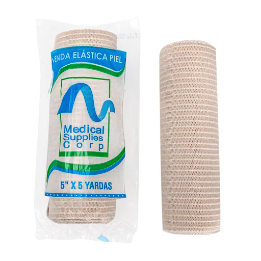 VENDA ELASTICA PIEL 5X5 (PAQ X3) MEDSUP PAQUETE x 3 Venda elástica color piel de 5 pulgadas por 5 yardas, fabricada en tejido de poliéster con hilos de algodón y seda elástica. Es lavable, reutilizable, anatómica y transpirable. Proporciona compresión 