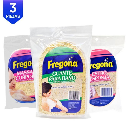 KIT ESTROPAJO X3 Esponjas Fregona kit x 1 Esponja con estropajo 100% natural, activa la circulación, ayuda a reducir la celulitis. Incluye una manopla, una epsonja, un guante