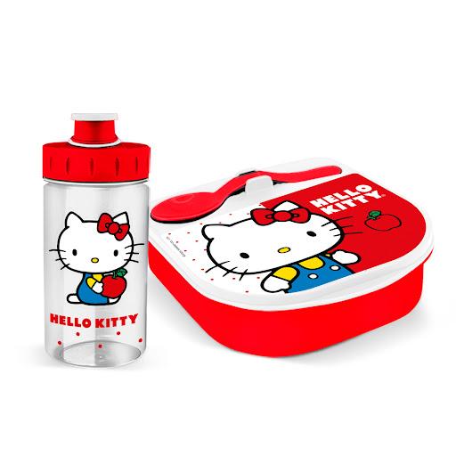 Set Contenedor Tixe + Botella  Poxe Hello Kitty   WANTU CAJA x 2 Set Lonchera Hello Kitty, incluye Contenedor con Cuchara y Botella 11 onzas