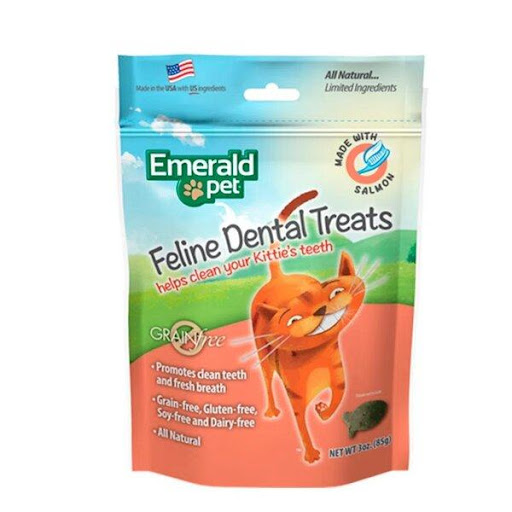 SNACK EMERALD F SALMON 85 GR SNACK EMERALD  x 1 Snacks dentales para gatos con delicioso sabor a salmón. Ayudan a reducir la placa y el sarro, promoviendo una óptima salud oral y un aliento fresco.