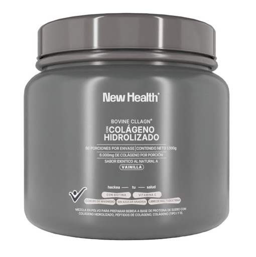 Colágeno Hidrolizado Vainilla  Newhealth Tarro x 1000gr x 1 und Colágeno hidrolizado sabor Vainilla previene la caida del cabello, problemas digestivos y deterioro de uñas. Concentración de 8.000mg de Colágeno por porción, es de Origen Bovino, adicionado con Pépti