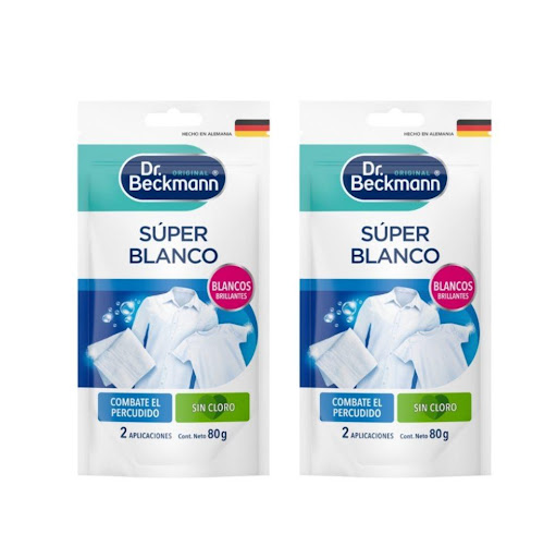 Blanqueador Super Blanco Dr. Beckmann Sin Cloro 80 gr x 2 Unidades Dr. Beckmann doypack x 2 Con Súper Blanco Blanqueador Quitamanchas lograrás blanquear tus prendas sin cloro.

Limpia profundamente y deja tu ropa con una frescura duradera. Si tienes ropa percudida o camisas blancas con tonos