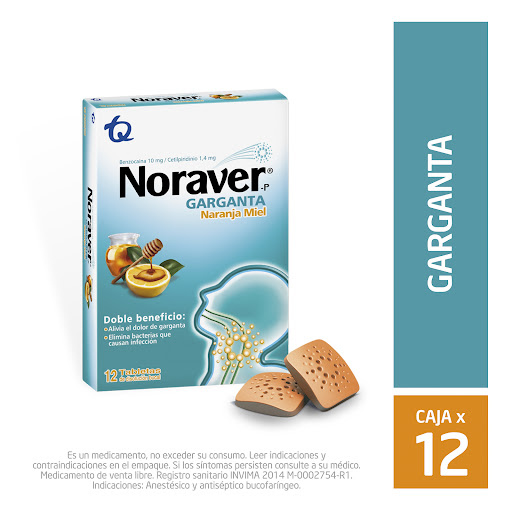 Noraver Garganta Benzocaina + Cetilpiridinio 10mg/1.4mg Tecnoquímicas Naranja Caja x 12 Tabletas
