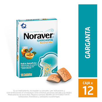 Noraver Garganta Benzocaina + Cetilpiridinio 10mg/1.4mg Tecnoquímicas Naranja Caja x 12 Tabletas  