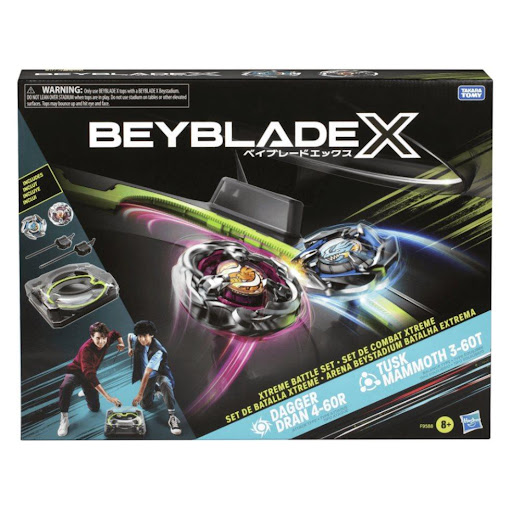Estadio Beyblade X Set De Batalla Xtreme Beyblade  x 1 Incluye un Beystadium, dos lanzadores y dos tops giratorios diseñados para batallas extremas. El sistema Rail X-Celerator permite acelerar los tops a velocidades intensas, creando choques épicos y exp