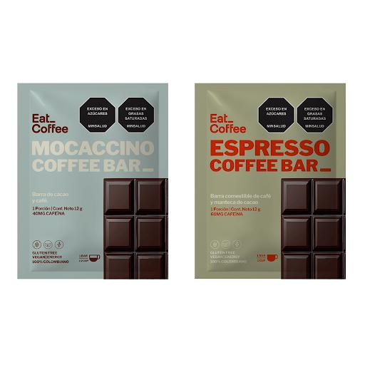Dúo Pack barras Espresso y Mocaccino Eat Coffee Caja con barras individuales x 2 Una combinación perfecta entre energía funcional e indulgencia saludable. Este dúo pack reúne una Espresso Coffee Bar y una Mocaccino Coffee Bar, dos barras comestibles a base de café diseñadas para a