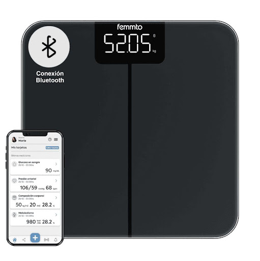 Balanza Digital con App y Bluetooh  Femmto Caja x 1 Balanza digital FEMMTO BWS12, solo peso, con Bluetooth y aplicación propia gratuita para seguimiento de peso. Vidrio templado resistente a humedad y vapor, display LED, apagado automático, capacidad h