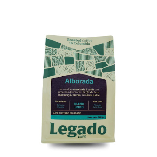 Café Alborada, tostado en grano. Legado Café® Bolsa trilaminada para café con valvula y cierre zipper.  x 1 