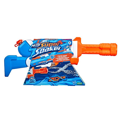 Lanzador Supersoaker Twister Hasbro Nerf  x 1 Lanza dos chorros de agua simultáneamente, creando una doble hélice gracias a su cilindro giratorio en la punta del cañón. Su tanque tiene capacidad para 1.1 litros y es fácil de llenar y disparar. Pe