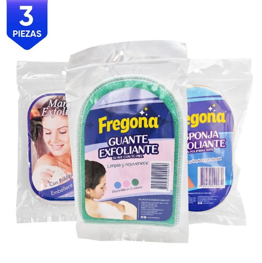 KIT EXFOLIANTE SUAVE X3 Esponjas Fregona KIT x 1 Kit esponja con fibra exfoliante suave, ayuda a eliminar excesos de piel muerta, zonas de piel delicada, Cuello,abdomen, manos. Incluye un guante, una monopla y una epsonja exfoliante