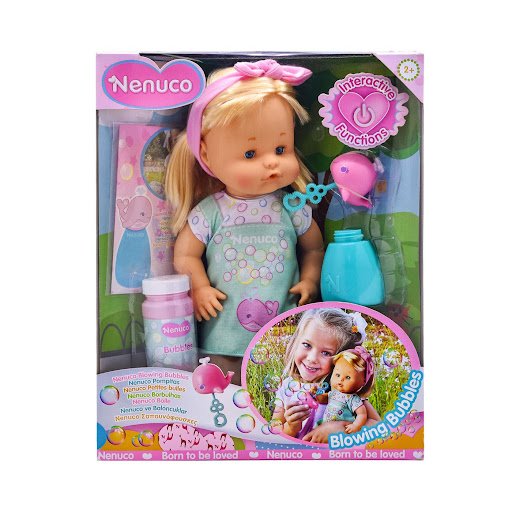 Nenuco Pompitas Muñeco Bebé con Pompas de Colores 35 cm Nenuco Caja x 1 Descubre la magia de las burbujas con Nenuco Pompitas. Este adorable muñeco bebé de 35 cm, con cuerpo duro, viene con un pompero y tres bolsitas de colores para hacer pompas de diferentes tonalidades.