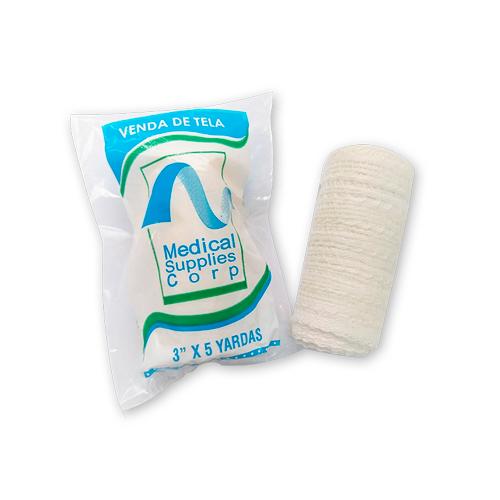 VENDA GASA TELA 3X5 (PAQ X3) MEDSUP 0 x 3 Venda de gasa tejida de 3 pulgadas por 5 yardas, fabricada en hilaza de algodón crudo. Es liviana, suave, de color piel claro y libre de partículas extrañas. Se utiliza para fijar apósitos, inmoviliza