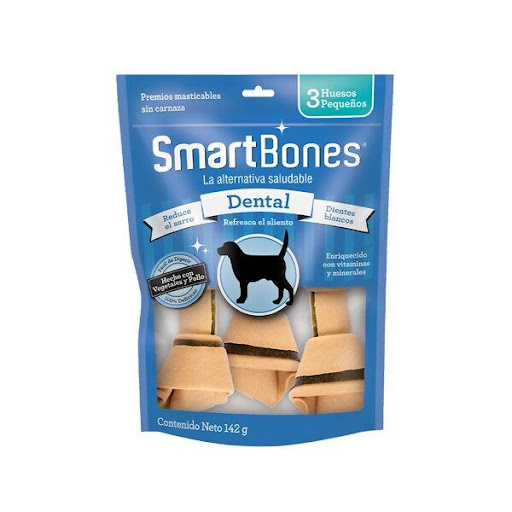 SMARTBONES C DENTAL SMALL 3 PK SMARTBOBES  x 3 Con bicarbonato de sodio y clorofila que ayudan a reducir la acumulación de sarro y refrescan el aliento. Promueve el cuidado de dientes y encías.