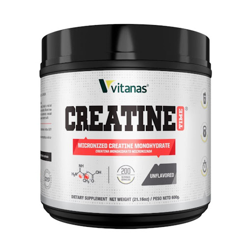CREATINE TIME X 200 SERVICIOS VITANAS  TARRO x 600 GR Es una Creatina monohidratada y micronizada. Cumple con análisis USP y  HPLC, lo que garantiza la más alta calidad y pureza. Cada servicio contiene:
3gr de creatina monohidratada.
100% pura.
0 azúcar.