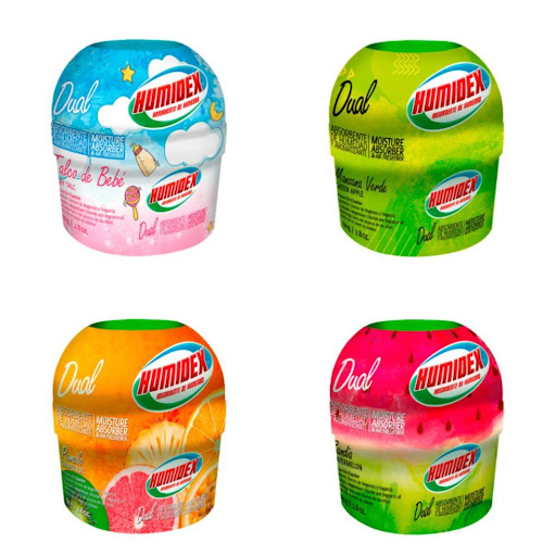Humidex - Duales 2en1 Pack X 4  HUMIDEX Envase 80 gr x 4 und El producto contiene 4 duales 2en1 de 80 gramos cada uno con aromas surtidos de: Pomelo, Sandía, Talco de Bebé y Manzana Verde. No es posible modificar las fragancias. Contenido total: 320 gramos.

Es