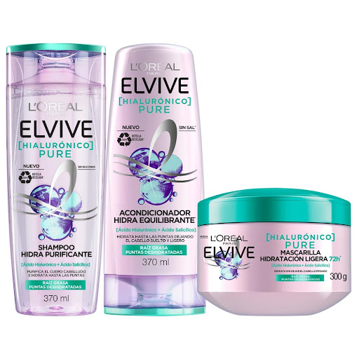 Combo Elvive Pure Ácido Hialurónico Shampoo + Acondicionador + Mascarilla