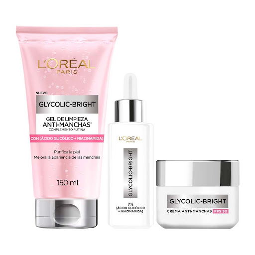Combo Loreal Paris Ácido Glicolíco Gel limpiador + Sérum rostro + Crema día Pack x 3 und
