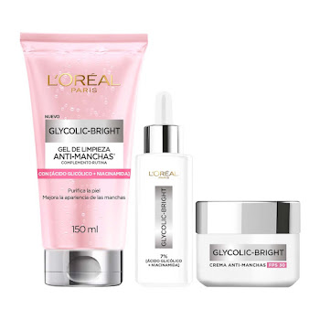 Combo Loreal Paris Ácido Glicolíco Gel limpiador + Sérum rostro + Crema día Pack x 3 und  