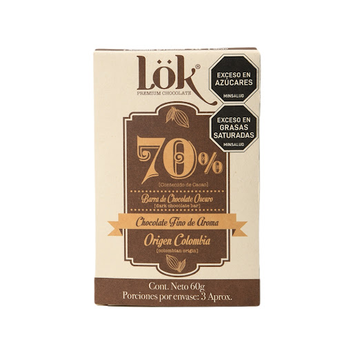 Chocolate Lok 70% Origen Colombia Empaque x 60 gr 