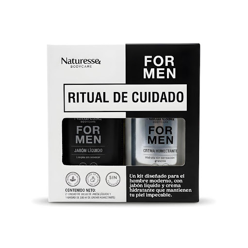 Kit Ritual de Cuidado For Men Naturesse kit x 2 El Ritual de Cuidado For Men combina jabón líquido y crema hidratante para una rutina práctica y efectiva. Limpia suavemente sin resecar y ayuda a mantener la piel fresca, suave, hidratada y confortab