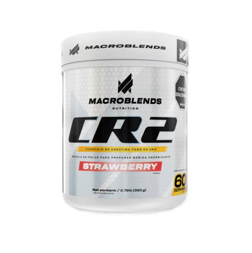 CR 2 Creatina Strawberry  MACROBLENDS Tarro x 360gr x 1 und Creatina Strawberry MACROBLENDS es una mezcla de creatinas (Monohidrato y HCL) 5g con adición de Betaína, extracto de canela, HMB y pimienta negra; que ayuda a mejorar el rendimiento del ejercicio, au
