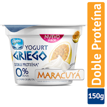 Yogurt Alpina Griego 0% Grasa 6% Proteína Cama Fruta Maracuyá x 150 gr  