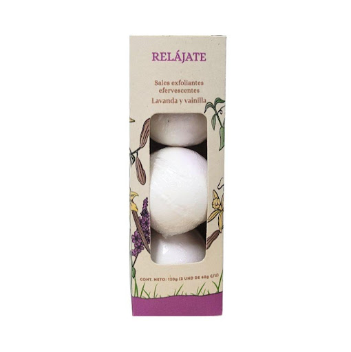 Sales efervescentes Relájate con aceites esenciales de lavanda y vainilla x 3 und 40 gr - 120 gr El Jardín de Eva  Caja x 1 Nuestras Sales Efervescentes Relájate con aceites esenciales de Lavanda y Vainilla son ideales para ayudarte a liberar tensiones y encontrar tu centro. Cuando entran en contacto con el agua, reacciona