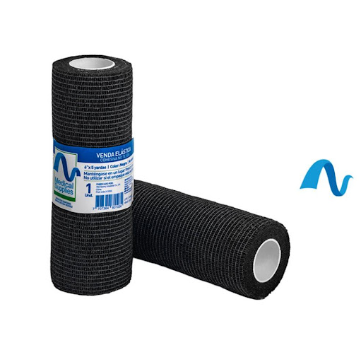 Venda Elastica Cohesiva de 6" x 4.5mts Color Negra  Medical Supplies  1 x 1 Venda cohesiva Medical Supplies, elástica y autoadherente, que se fija sobre sí misma sin necesidad de adhesivos. Brinda compresión y soporte seguro, no se adhiere a la piel ni al vello. Ideal para fi