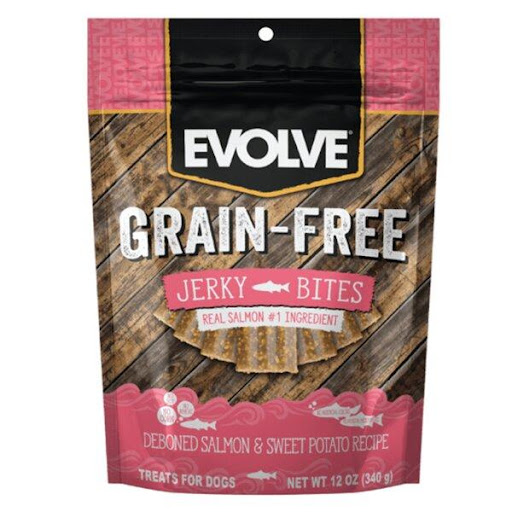 SNACK EVOLVE C GRAIN FREE JERKY SALMON 340 GR EVOLVE  x 1 Snack sin granos para perros, elaborado con auténtico salmón y una textura jugosa tipo jerky. Enriquecido con arándanos para favorecer la digestión y aportar antioxidantes naturales. Ideal como premio