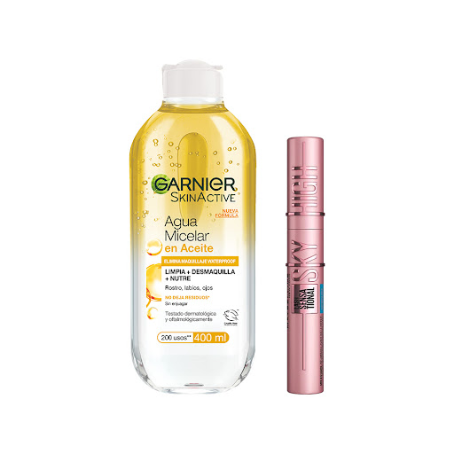 Combo Maybelline Pestañina Sky high A Prueba de Agua +Agua Micelar Bifásica de Garnier Pack x 2 und
