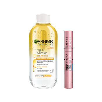Combo Maybelline Pestañina Sky high A Prueba de Agua +Agua Micelar Bifásica de Garnier Pack x 2 und  