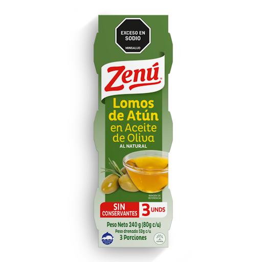 Pack Lomo Atún Zenú en aceite de Oliva x 80 gr Zenú Lata x 3 Delicioso lomo de atún sin conservantes en aceite de oliva puro, un alimento nutritivo con ingredientes que te proporcionan una alta fuente de proteína, omega 3, vitaminas, minerales. Presentación Prá