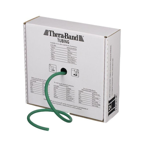 Thera-Tubing Green Rollo Theraband UN x 3000 Tubo de resistencia nivel medio, fabricado en látex, ideal para ejercicios de fuerza funcional, rehabilitación física y acondicionamiento muscular. Su presentación en rollo permite cortar tramos perso