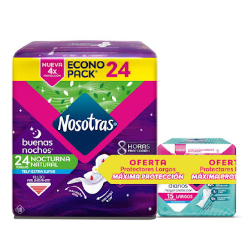 Toallas Nosotras Buenas Noches Natural Paquete 24und + Protectores Largos Paquete 15und Pack x 2 und  