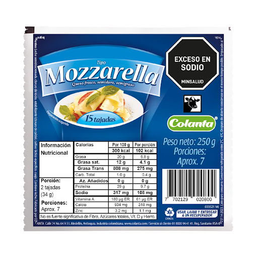 Queso Colanta Mozzarella Semigraso Tajado x 250 gr