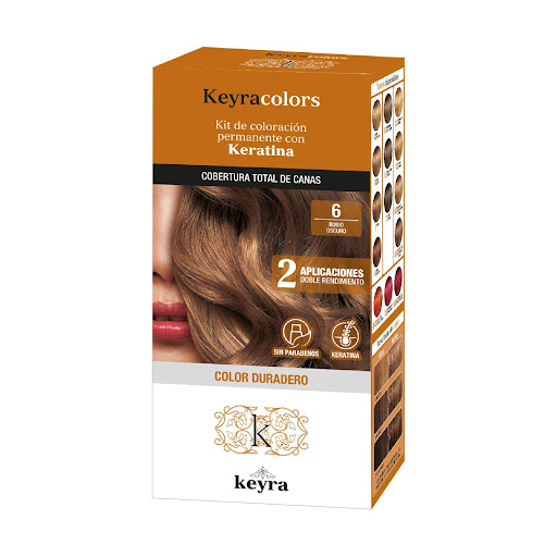 Tinte Keyra kit  6 Rubio Oscuro, Permanete con Keratina x 100 ml Keyra Colors Caja x 1 Tinte capilar en emulsión (crema),permanente con Keratina, sin parabenos. Cubertura total de canas