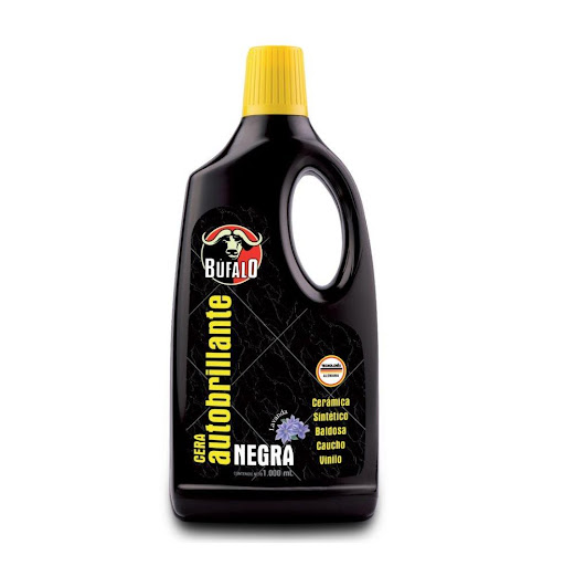 Cera Frasco Búfalo Autobrillante Negra 1000 Ml BÚFALO Frasco x 1 Und Proporciona brillo instantáneo y protección a pisos de mármol, granito, cerámica, caucho, vinilo, baldosas, mármol y ladrillo en una sola acción. Seca rápidamente y forma una película resistente a las