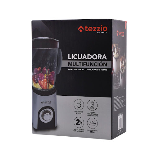 Licuadora Tezzio Incluye Vaso Portátil y Procesador Tezzio Caja x 1 Licuadora con dos velocidades, más pulso que permite elegir la consistencia de las preparaciones. Incluye un picatodo y termo personal. Ideal para preparar batidos, granizados, jugos o picar alimentos