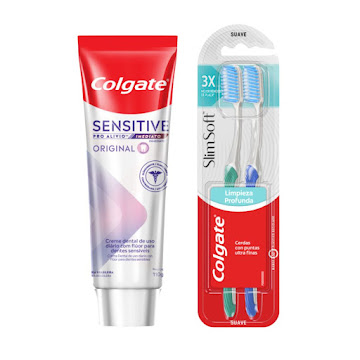 Combo Crema Dental Colgate Sensitive Pro-Alivio x 110 ml + Cepillo Dental Colgate SlimSoft 17X 2x1 Suave x 2 und  