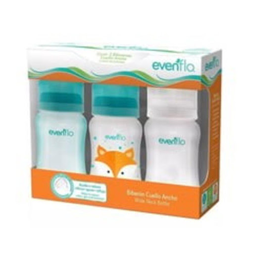 Set Biberones Cuello Ancho 9 Onzas x 3und Azul - Evenflo Evenflo Unidad x 3 Und en 1 caja Set de Biberones Forest Cuello Ancho Entintado 270ml/9oz x 3 unidades
Botella elaborada de polipropileno.
Mamila con diseño piramidal de cuello ancho y  con válvula anticólicos que ayuda a reducir cól