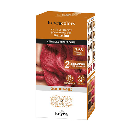 Tinte Keyra kit 7.66 Rubio Rojo Profundo, Permanete con Keratina x 100 ml Keyra Colors Caja x 1 Tinte capilar en emulsión (crema),permanente con Keratina, sin parabenos. Cubertura total de canas