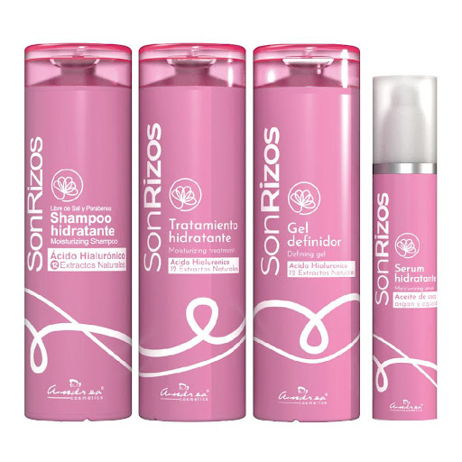 Kit Son Rizos ANDREA COSMETICS SON RIZOS 1 x 4 shampo+tratamiento+gel+serum Son rizos es una linea de productos para cabellos crespos y ondulados, a base de acido hialuronico y 12 extractos naturales.